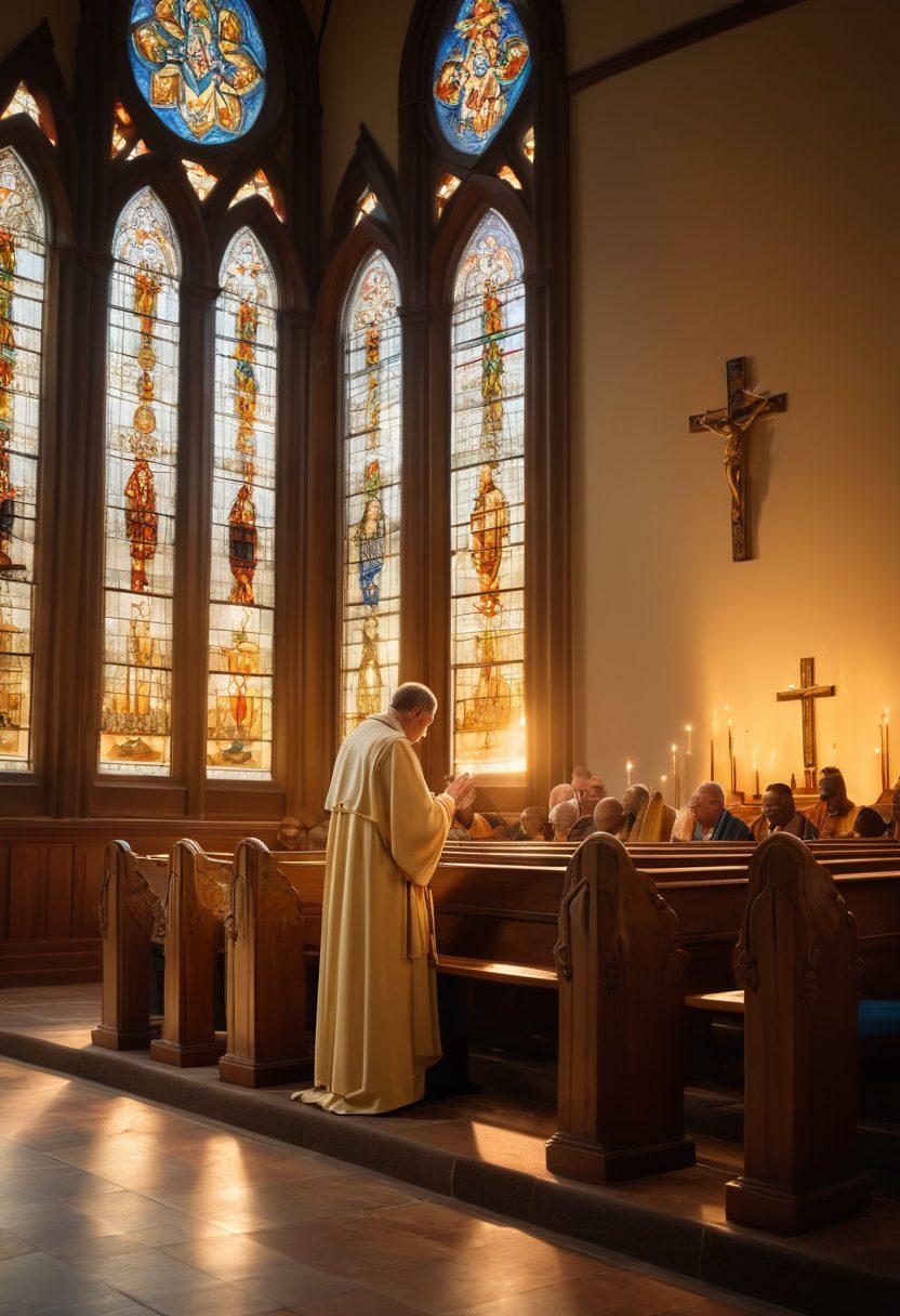 A serene church interior bathed in soft golden light, showcasing a minister anointing a leader with oil, surrounded by a diverse congregation in prayer and worship. The atmosphere emanates warmth and spiritual energy, symbolizing unity and divine calling. Elegant stained glass windows cast vibrant colors, enhancing the sense of sacredness. super-realistic. vibrant colors. soft focus.