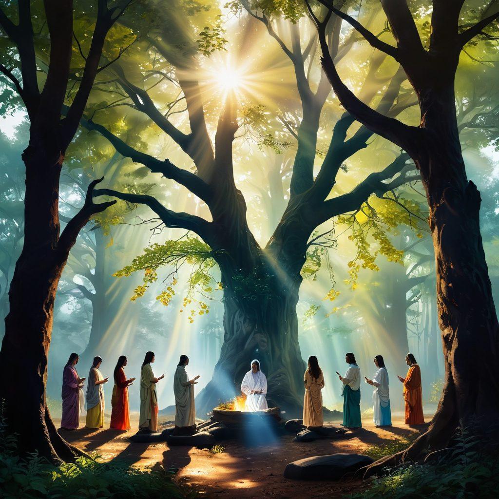 A serene landscape depicting a diverse group of people engaged in sacred rites, surrounded by ancient trees and ornate religious symbols. Soft rays of sunlight filtering through the leaves, illuminating their expressions of devotion and unity. Ethereal wisps of light swirling around them, symbolizing sanctification and spiritual connection. Colors should be warm and inviting, creating a sense of peace and reverence. painting. vibrant colors. ethereal atmosphere.