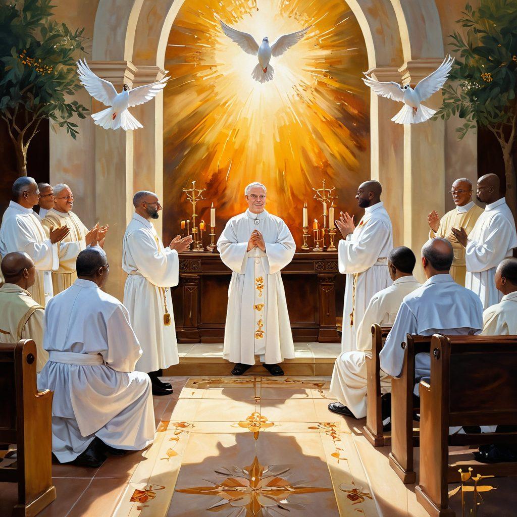 A serene chapel bathed in golden light, showcasing a priest performing anointing with oil in front of a diverse congregation, each face reflecting joy and reverence. Surround the scene with symbols of faith like doves and olive branches, evoking a sense of sacredness and community. Incorporate warm colors and gentle brush strokes to create a tranquil atmosphere. oil painting. vibrant colors.
